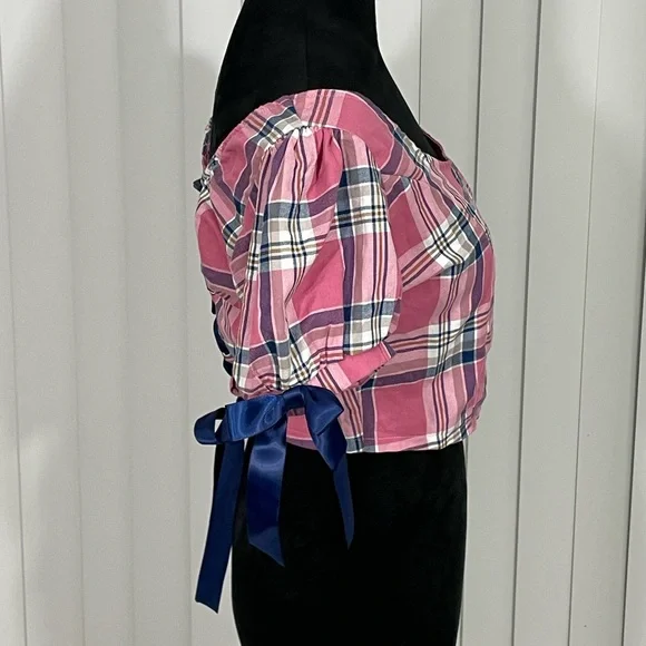 SUGAR THRILLZ French Exchange Plaid Puff Sleeve Corset Crop Top Pink Blue Large - Picture 6 of 8